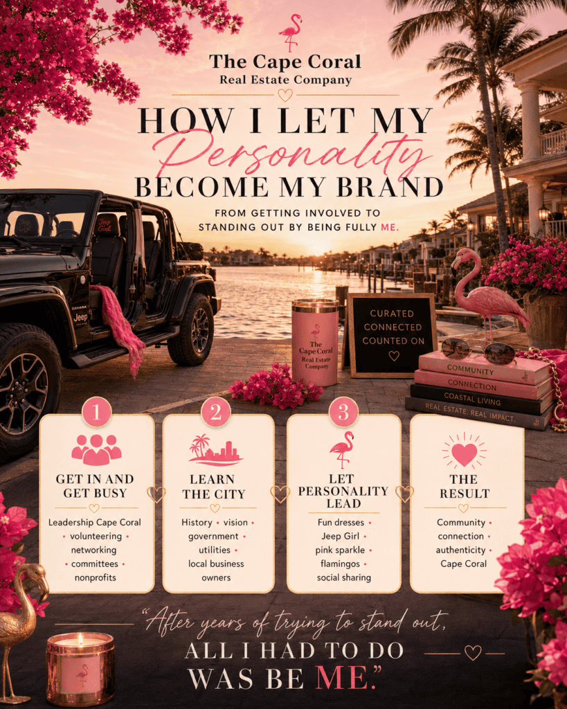 Branded Cape Coral graphic showing Michelle’s black doorless Jeep Sahara Unlimited with pink accents, waterfront sunset, community involvement, authenticity, flamingos, and the message that personality became her real estate brand.
