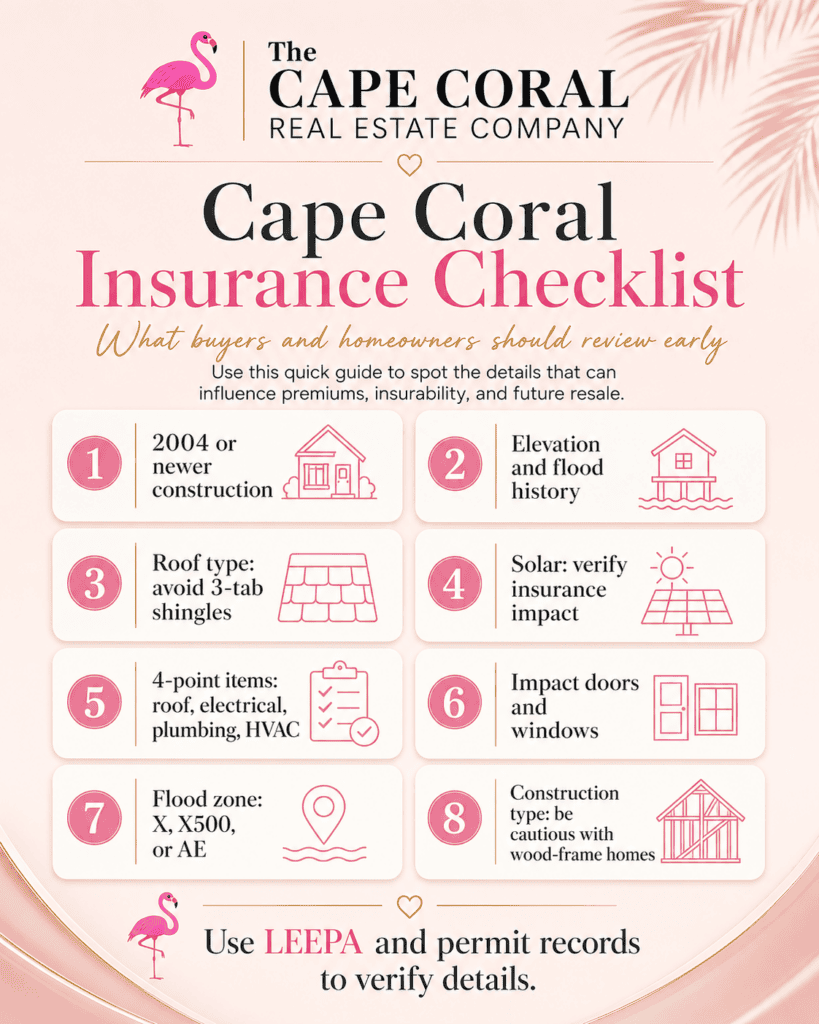 Cape Coral buyer and homeowner checklist showing insurance items to check early, including year built, flood zone, roof type, 4-point inspection items, solar, impact protection, permits, and construction type.