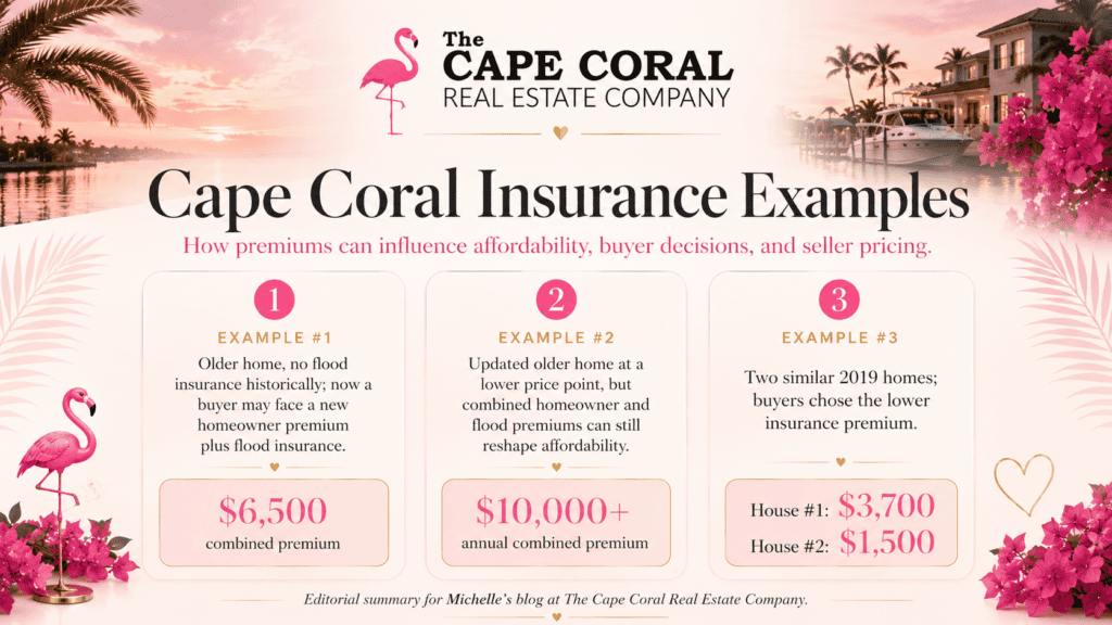 Graphic showing three Cape Coral insurance examples where premiums affect affordability, buyer decisions, and seller pricing.