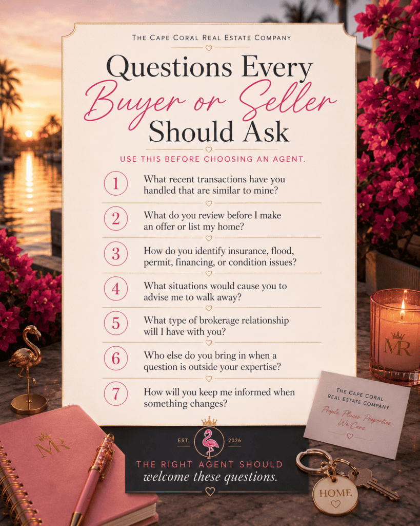 Checklist of seven questions Cape Coral buyers and sellers should ask before choosing a real estate agent, including experience, risk review, communication, and brokerage relationship.