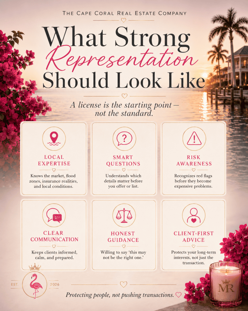 Infographic outlining six qualities of strong real estate representation: local expertise, smart questions, risk awareness, clear communication, honest guidance, and client-first advice.