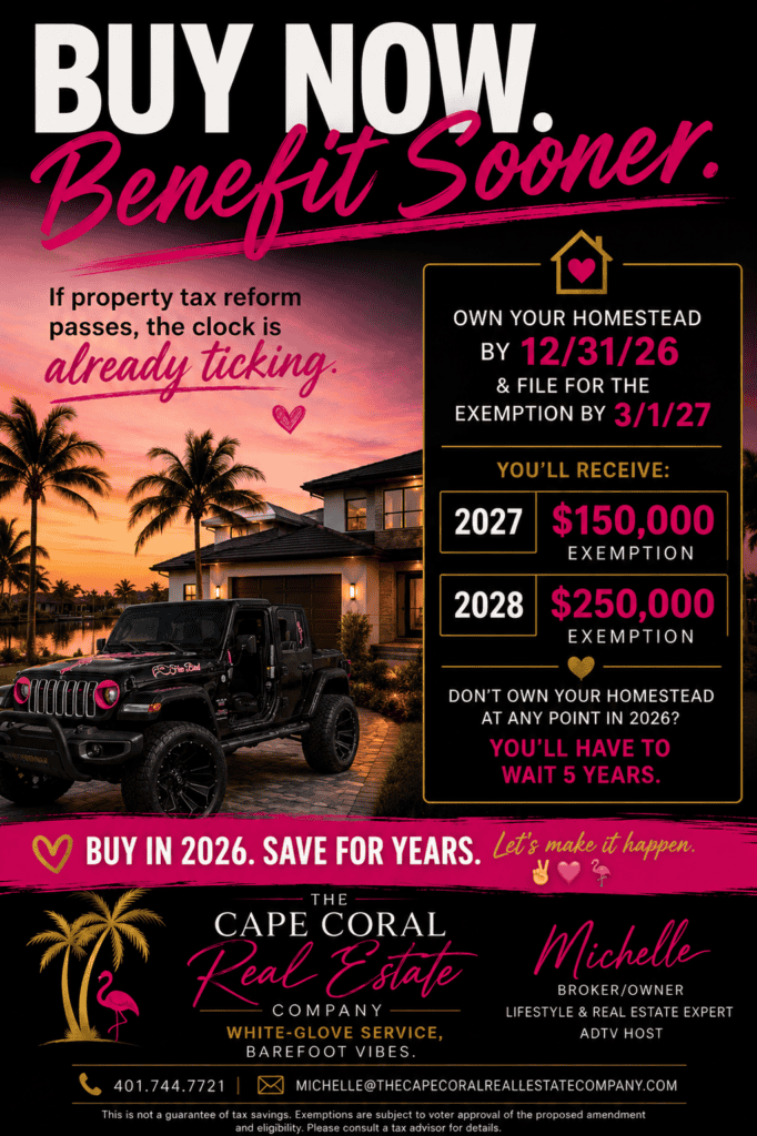 Buy Now Benefit Sooner graphic explaining proposed Florida homestead exemption timing, including owning a homestead by December 31, 2026 and filing by March 1, 2027 if property-tax reform is approved.
