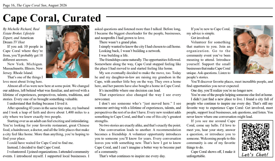 Cape Coral, Curated an article in The Cape Coral Sun August 2026