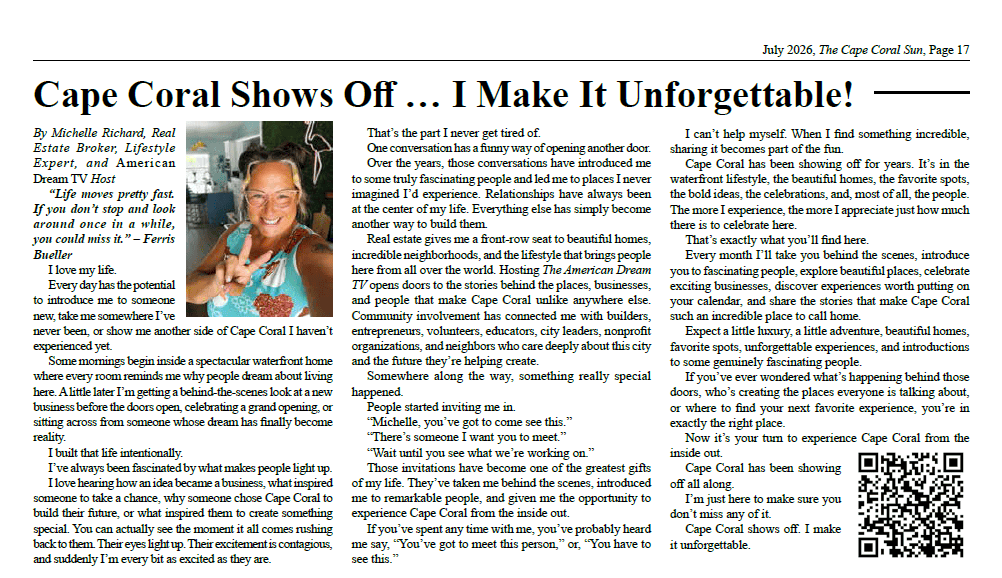 The Cape Coral Sun article: Cape Coral Sows off... I make it unforgettable